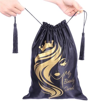 ROHS Black Satin Drawstring Bag Pouch Hair Extention Wig Package