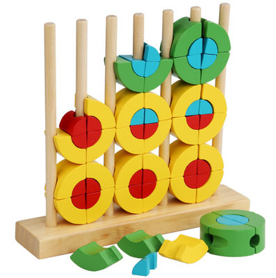 Preschool Interactive Montessori Educational Toy BPA Free Rattles Teether 3D Wooden Rainbow Blocking Rings