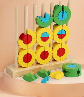 Preschool Interactive Montessori Educational Toy BPA Free Rattles Teether 3D Wooden Rainbow Blocking Rings