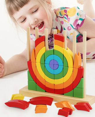 Eco Friendly Washable Kindly Toys Montessori Puzzles Education Wooden Rainbow Rings